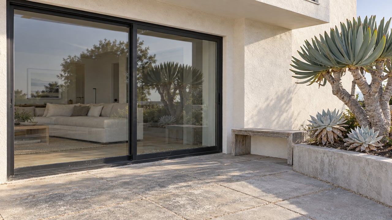 Salt-softened stucco and black-framed glass beside a compact paved terrace with a silvered teak bench and sculptural succulents.