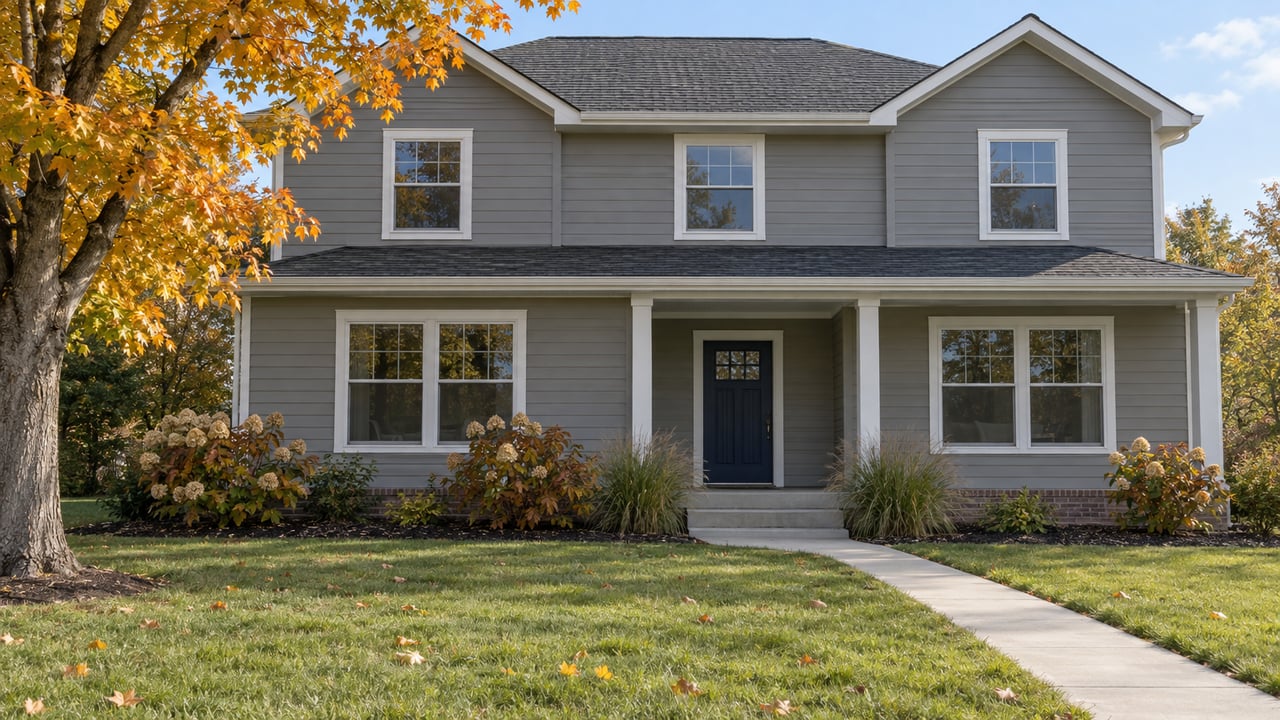 Gray two-story home with a covered porch, broad front lawn and a sugar maple turning orange and yellow.