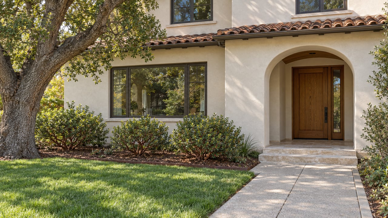 Ivory stucco home with a sheltered arched oak entry, limestone steps and a garden beside a concrete front walk.