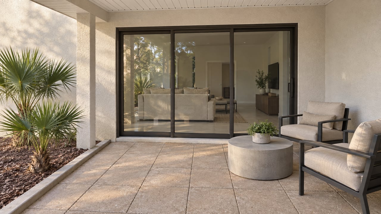 Covered stucco patio with bronze-framed glass doors, two cushioned chairs and fan-leaf plantings beside sand-colored paving.