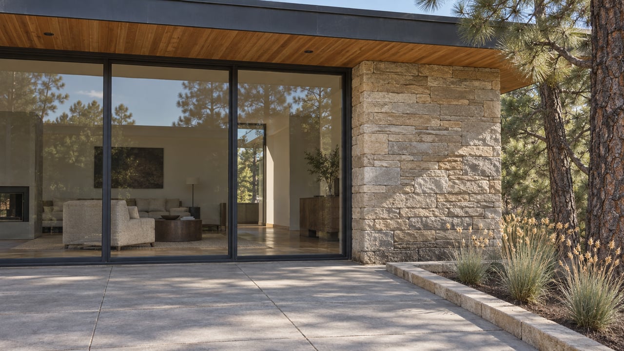 Sunlit sandstone and cedar frame a closed glass living-room wall above a gray paved terrace, with a mature ponderosa pine at the edge.