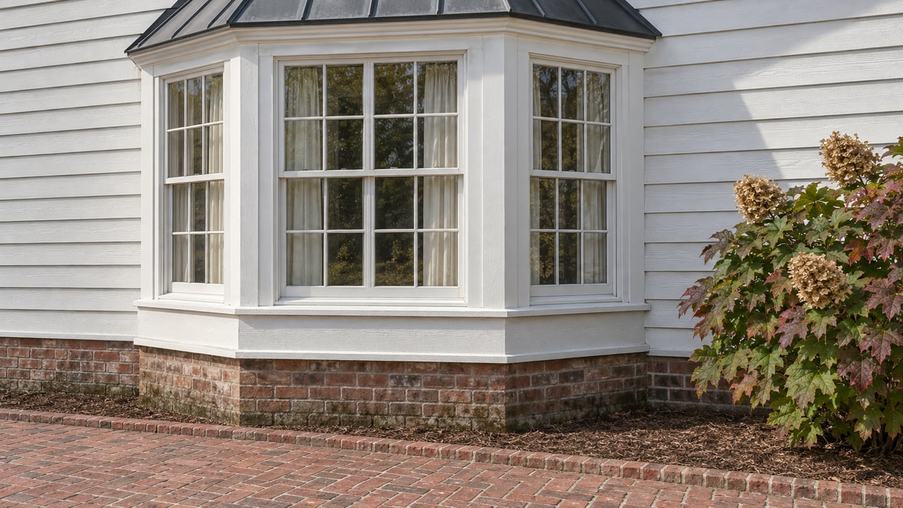 White clapboard window bay above a red-brick foundation and brick path, beside an oakleaf hydrangea with autumn foliage.