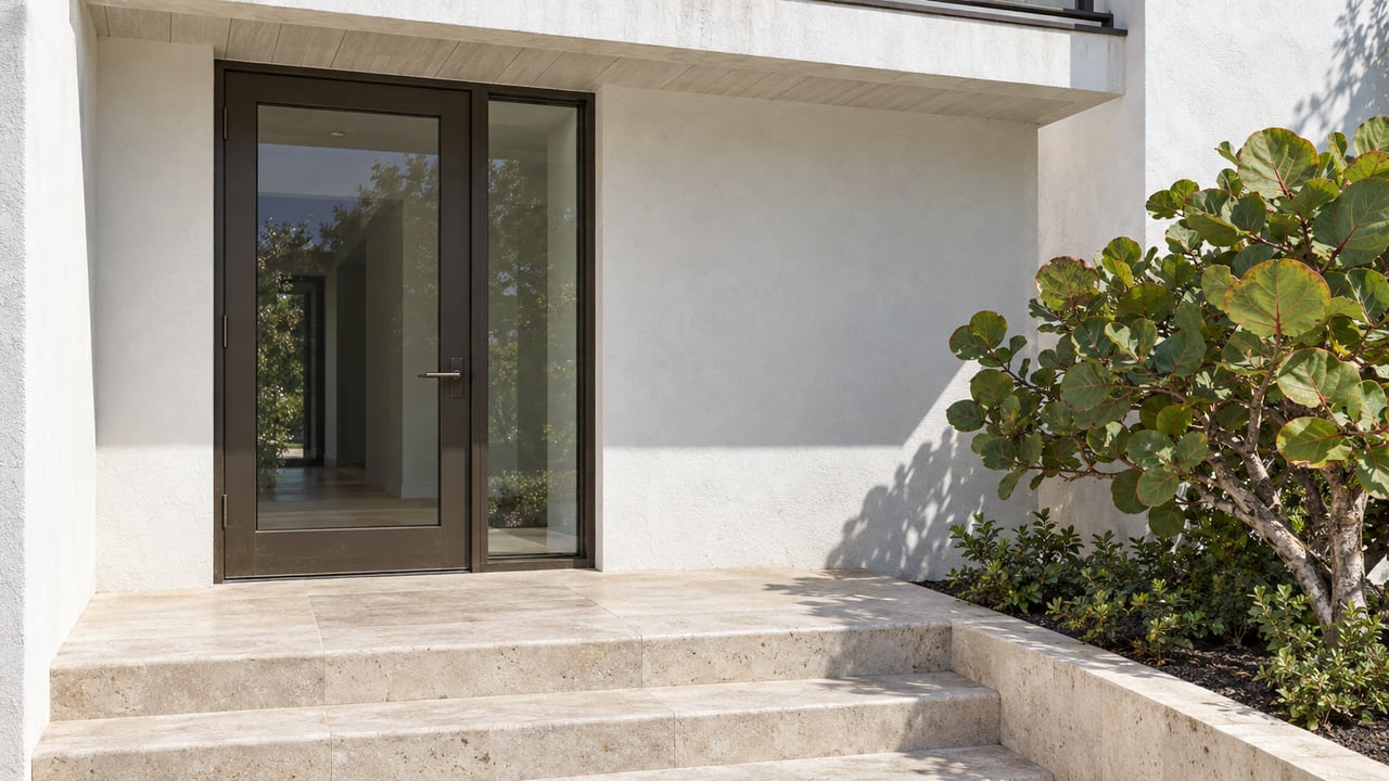 Sunlit white stucco entrance with bronze-framed glazing, sandy limestone steps and a sculptural sea grape plant.