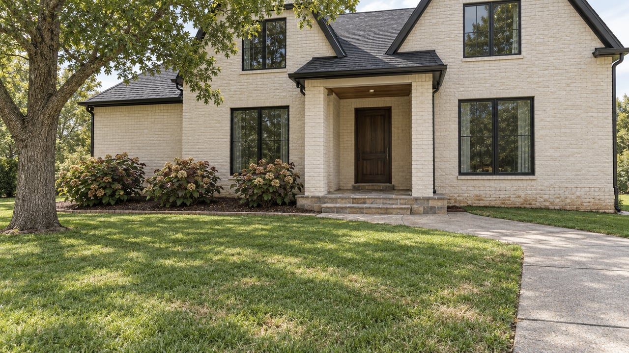 Painted-brick two-story home with black-framed windows, a recessed oak front door, broad lawn and oakleaf hydrangeas.