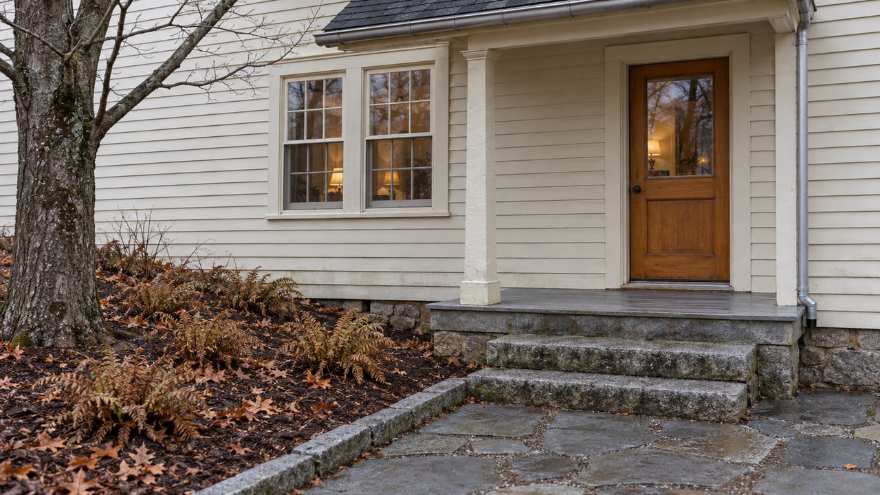 Cream clapboard home with a timber porch post, warm glazed entry, and damp granite steps beside fallen maple leaves.