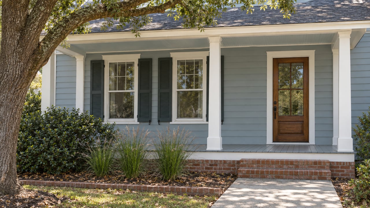 Blue-gray clapboard house with a white-trimmed porch, brick stoop, and shallow garden beneath a mature oak.