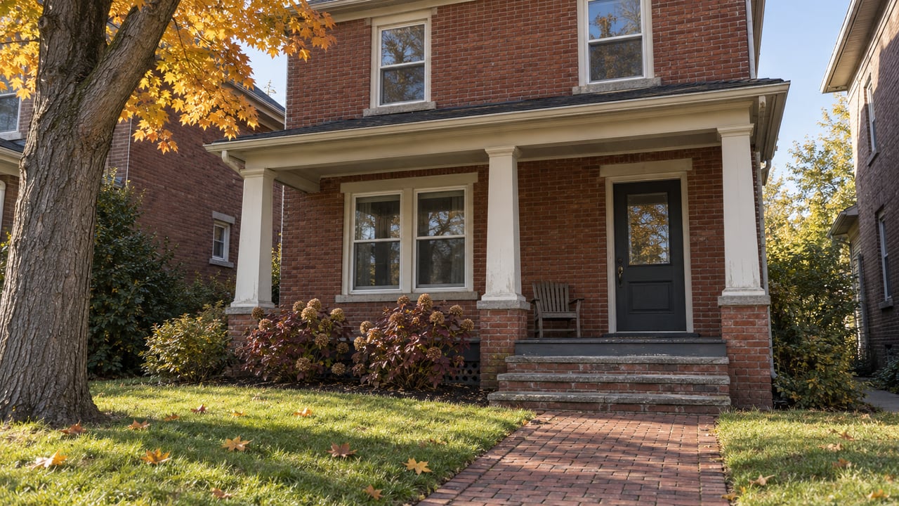 Brick two-story home with an ivory-trimmed porch, a settled brick walkway and amber maple leaves in morning light.
