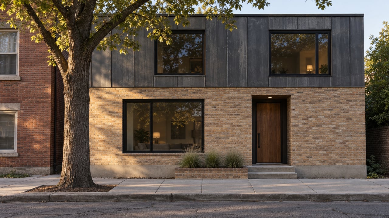 Narrow contemporary house with buff brick and dark zinc beside an older red-brick building, beneath an elm.