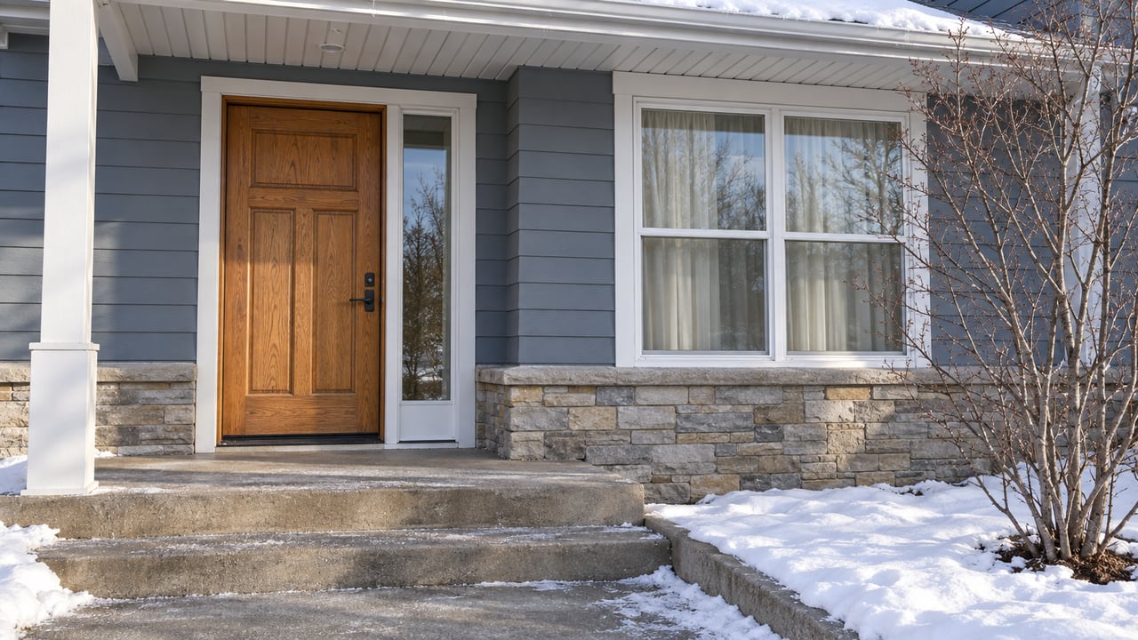 Winter sunlight on a wood front door, blue-gray siding and limestone base, with cleared concrete steps beside a snow-covered serviceberry bed.