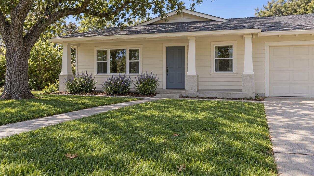 A cream single-story home with a covered porch, broad front lawn, mature oak and sunlit concrete approach.