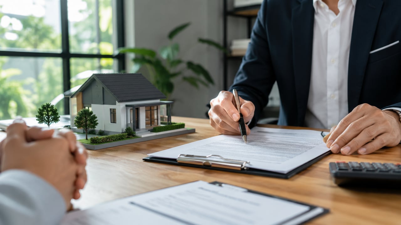 A luxury home insurance consultation showing a real estate professional reviewing insurance documents with a buyer beside a model luxury home, highlighting the importance of protecting high-value properties with comprehensive coverage.