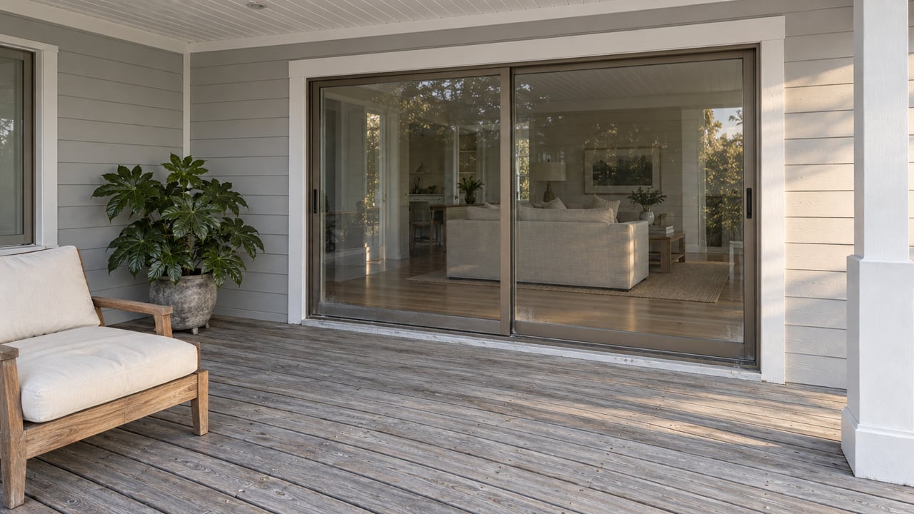 A covered timber deck with a teak lounge chair, pale siding and closed glass doors opening visually onto a softly furnished interior.