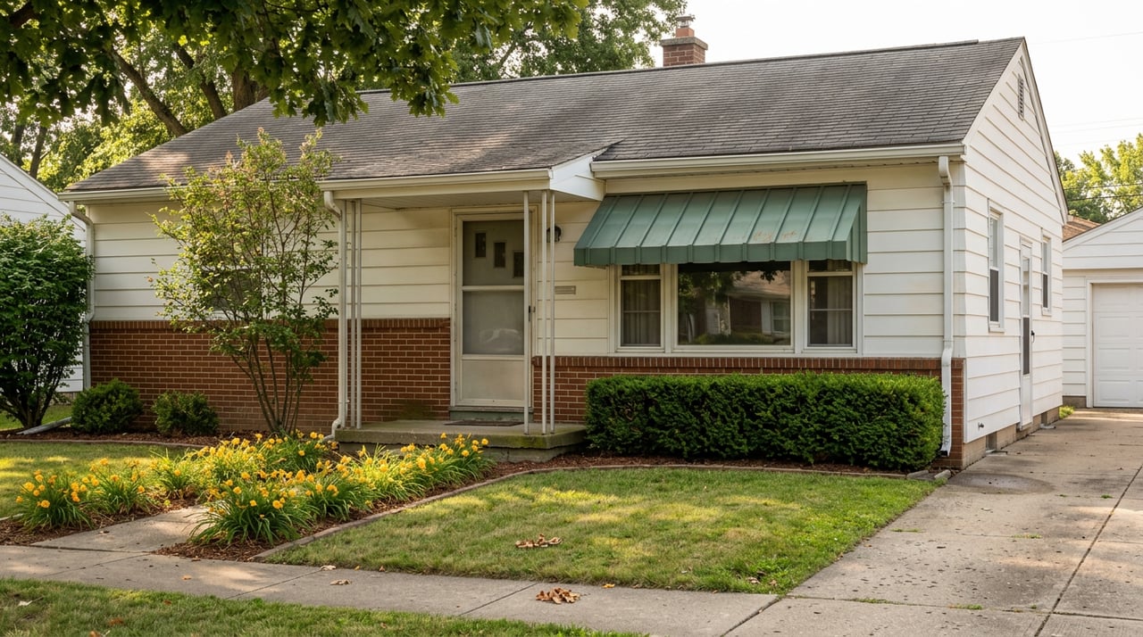 One-story brick-and-white home with a green window awning, yellow-orange flowers, and a tree canopy.