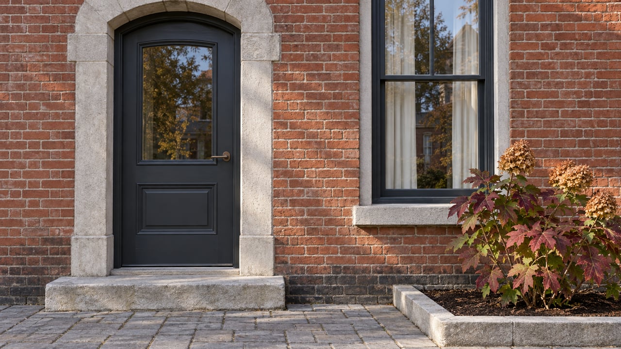 Red-brick residential entrance with a pale limestone arch, charcoal door, tall window, and burgundy oakleaf hydrangea beside a paved approach.