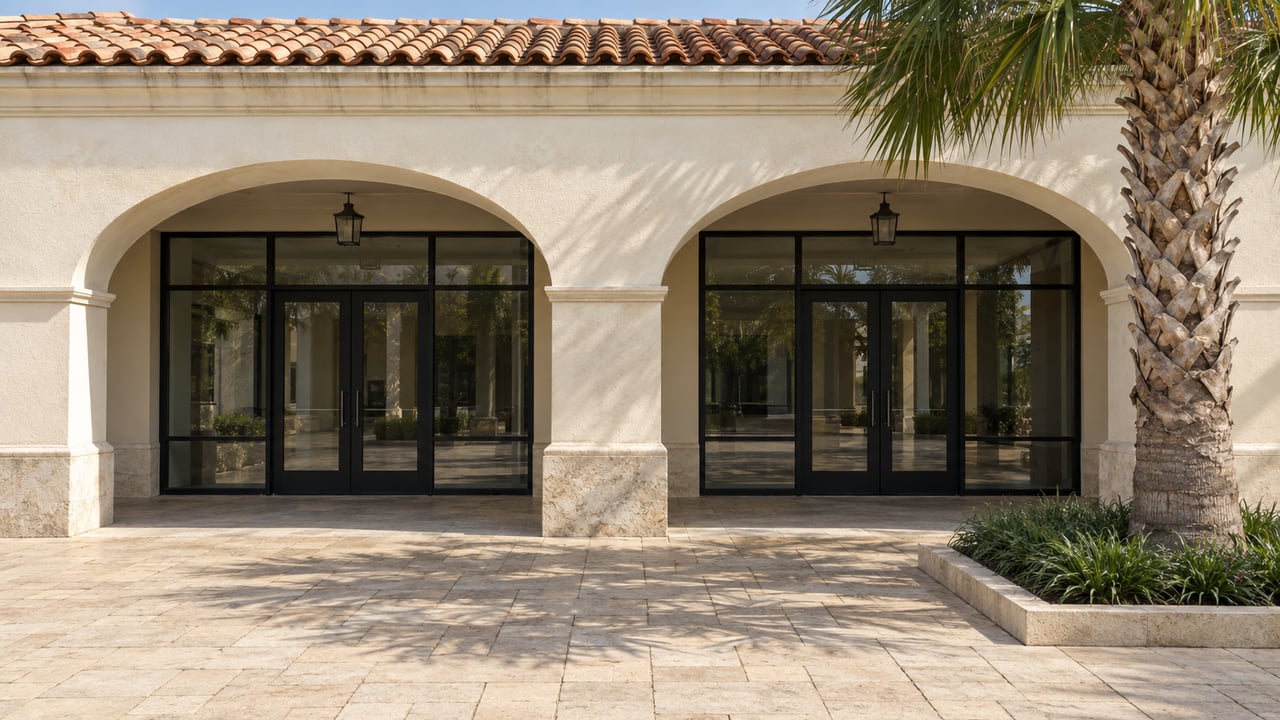 Stucco plaza arcade with arched storefront openings, terracotta roof tiles, and a palm beside the paved walkway.