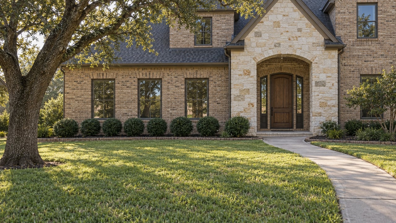 Brick-and-limestone detached home with an arched oak entry, deep front lawn and mature live oak in soft morning light.