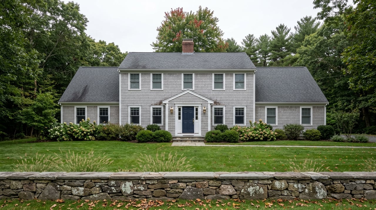 Gray shingle-style house with a navy front door, deep lawn, and low fieldstone wall beneath mature trees.