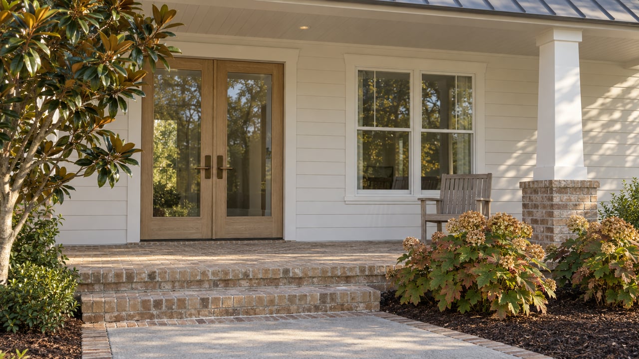 Covered front porch with pale siding, glazed oak double doors, a teak chair and hydrangeas beside a brick step.
