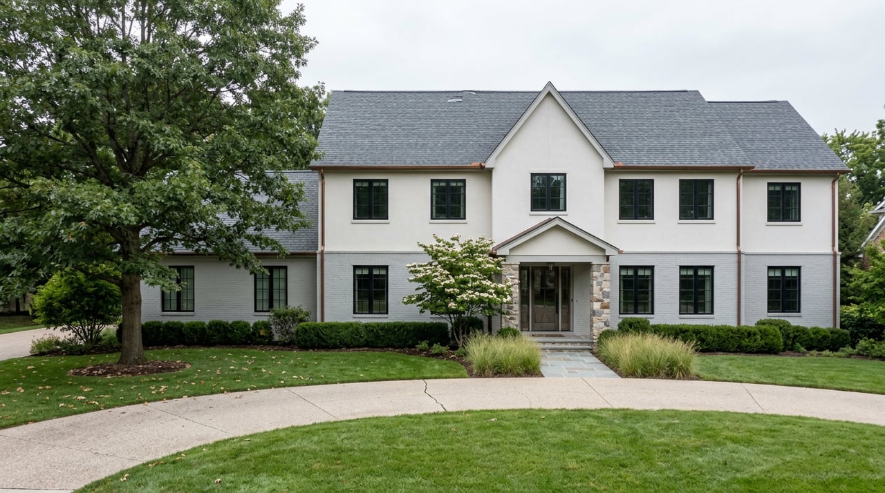 Two-story gray-brick and white-stucco house with a gabled portico, mature oak, and curving driveway.