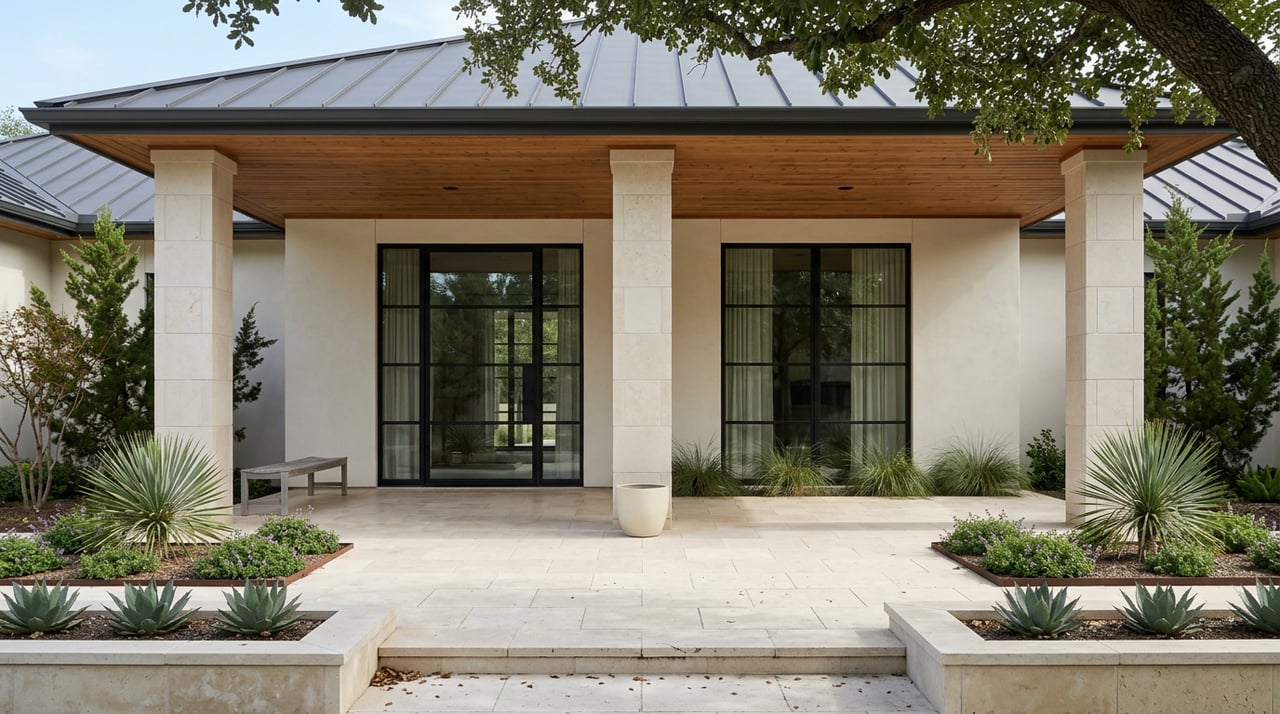 Covered limestone lounge with cedar ceiling, black-framed glass doors, Yucca planters, and a weathered teak bench.