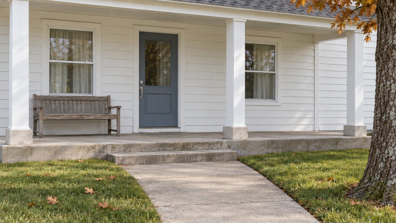 White lap-sided home with a covered concrete porch, blue-gray door, oak bench and autumn oak leaves beside a front walk.