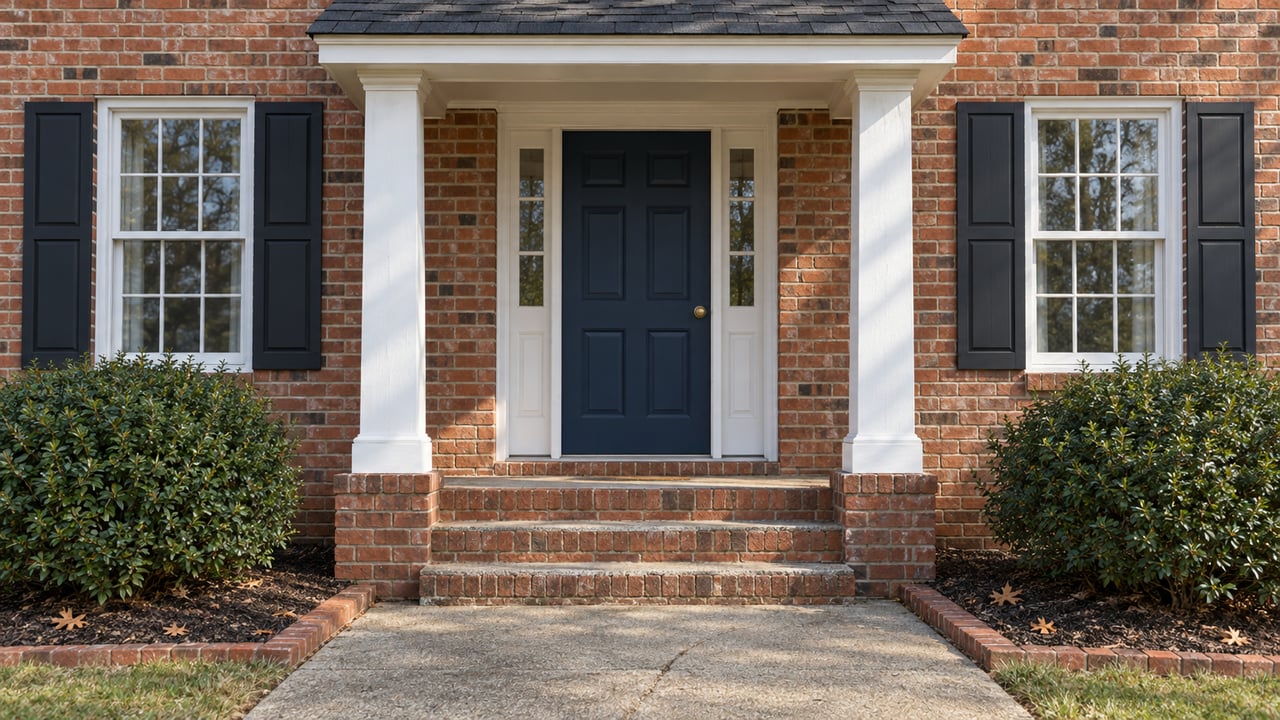 Winter morning sunlight on a red-brick home's navy front door, white-columned portico, and weathered brick steps.