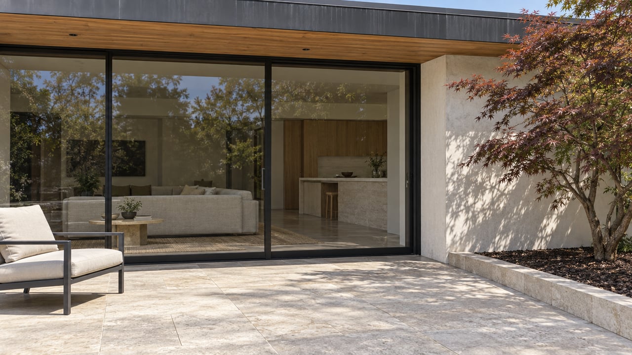 Close view of a modern home's glazed terrace doorway, pale limestone paving, cedar soffit and a Japanese maple beside a plaster wall.