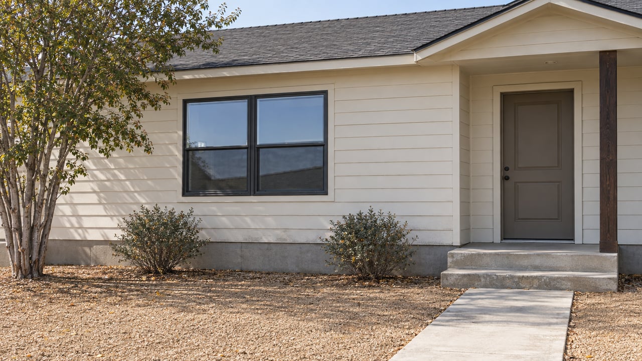 Single-story manufactured home with off-white siding, charcoal roof, paired window, and concrete entry steps.