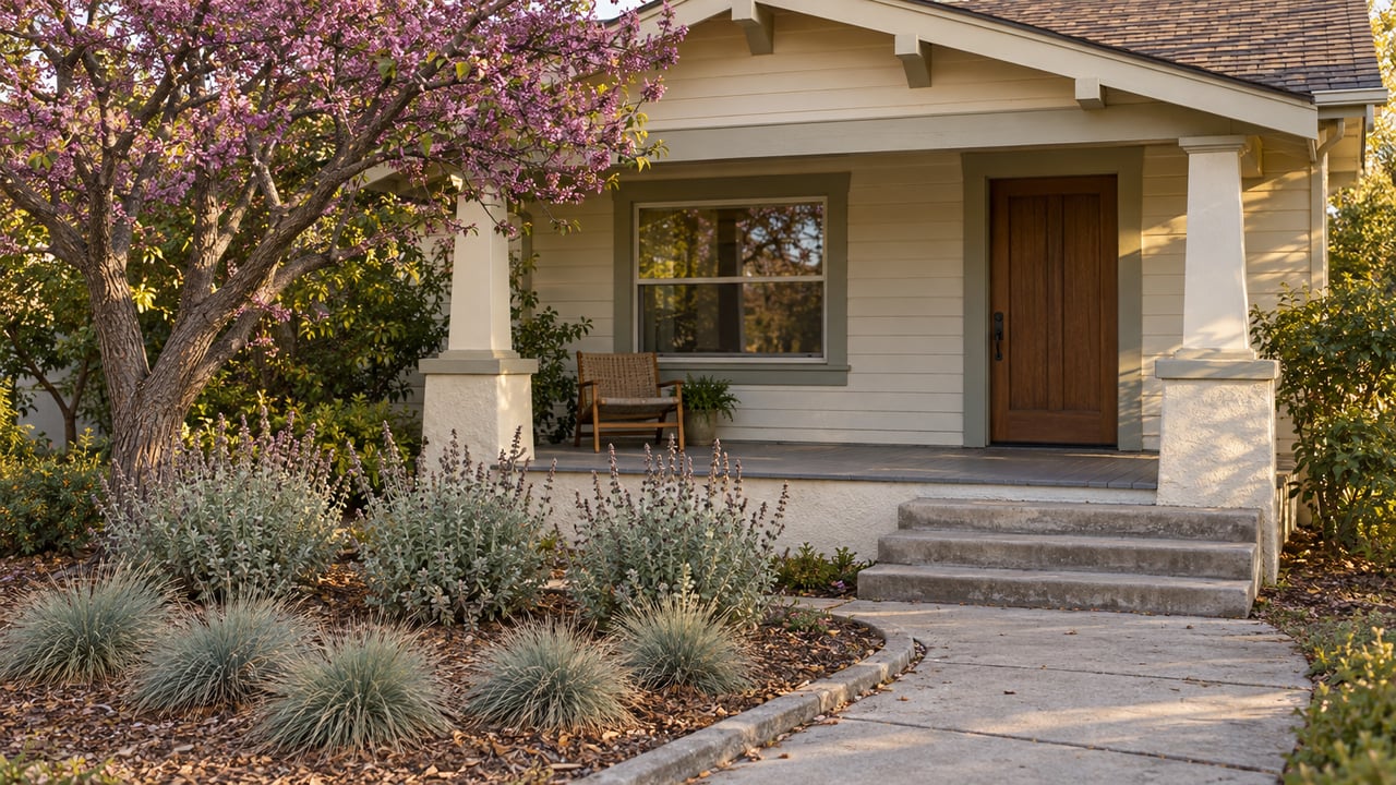 Sun-warmed cream bungalow porch with sage window trim, concrete steps and a layered drought-adapted front garden.