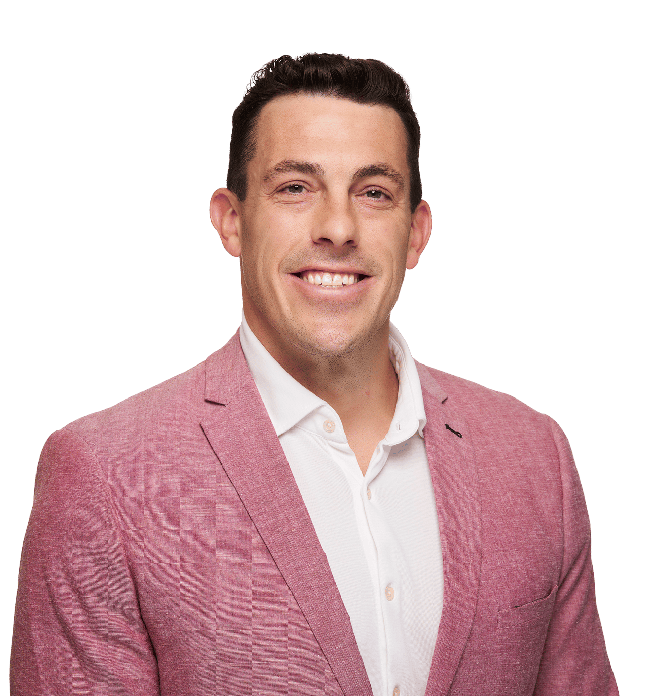 Kyle Murphy smiling in a pink blazer and white shirt.