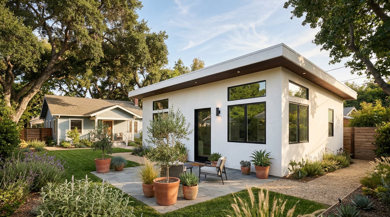 Newly built modern ADU in a Lake Balboa backyard with white stucco exterior and mature shade trees - San Fernando Valley real estate