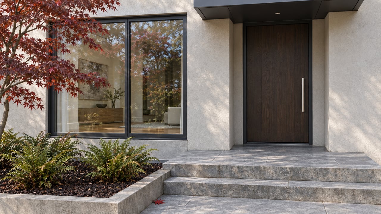 Autumn maple beside a pale stucco home with a dark oak entry door, charcoal window frames and limestone steps.