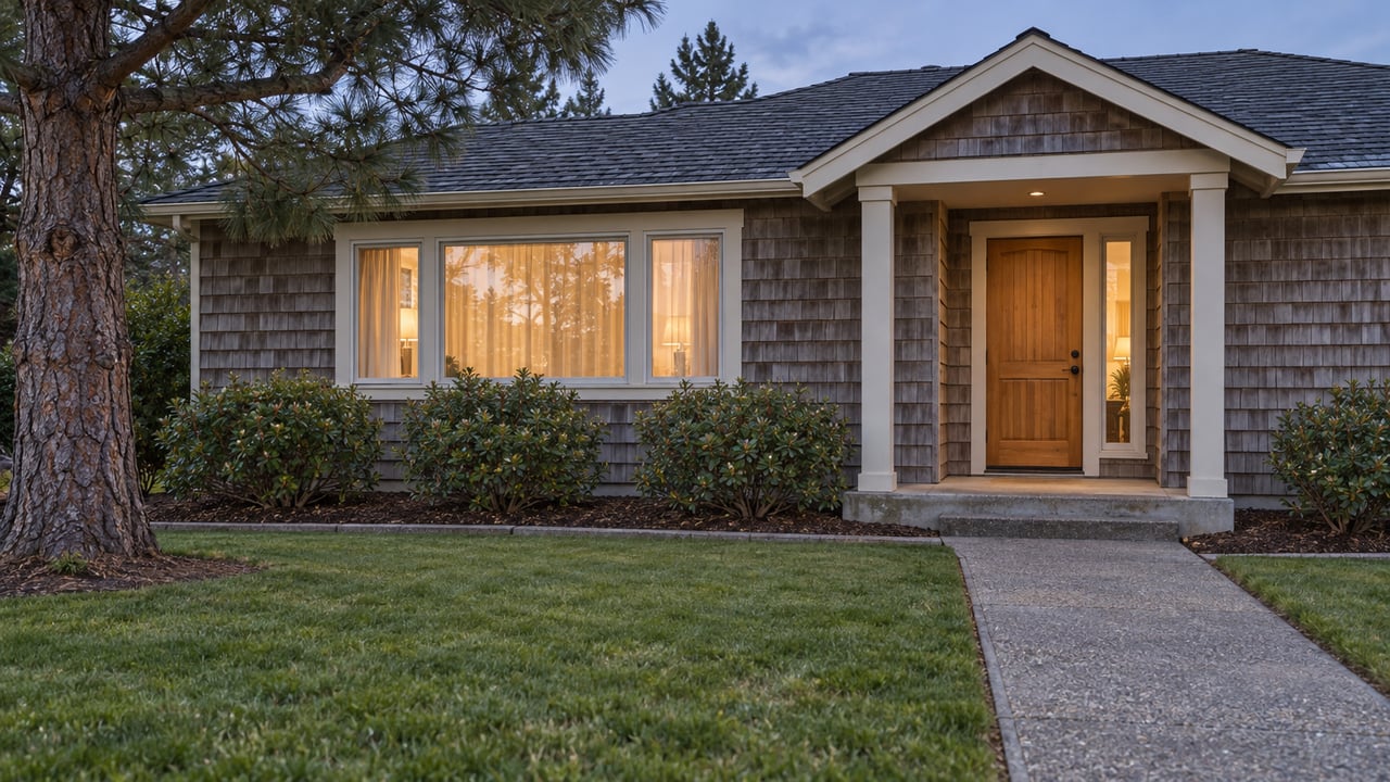Weathered cedar-shingle cottage at dusk, with warm windows, a concrete front walk, lawn and a sculptural pine.