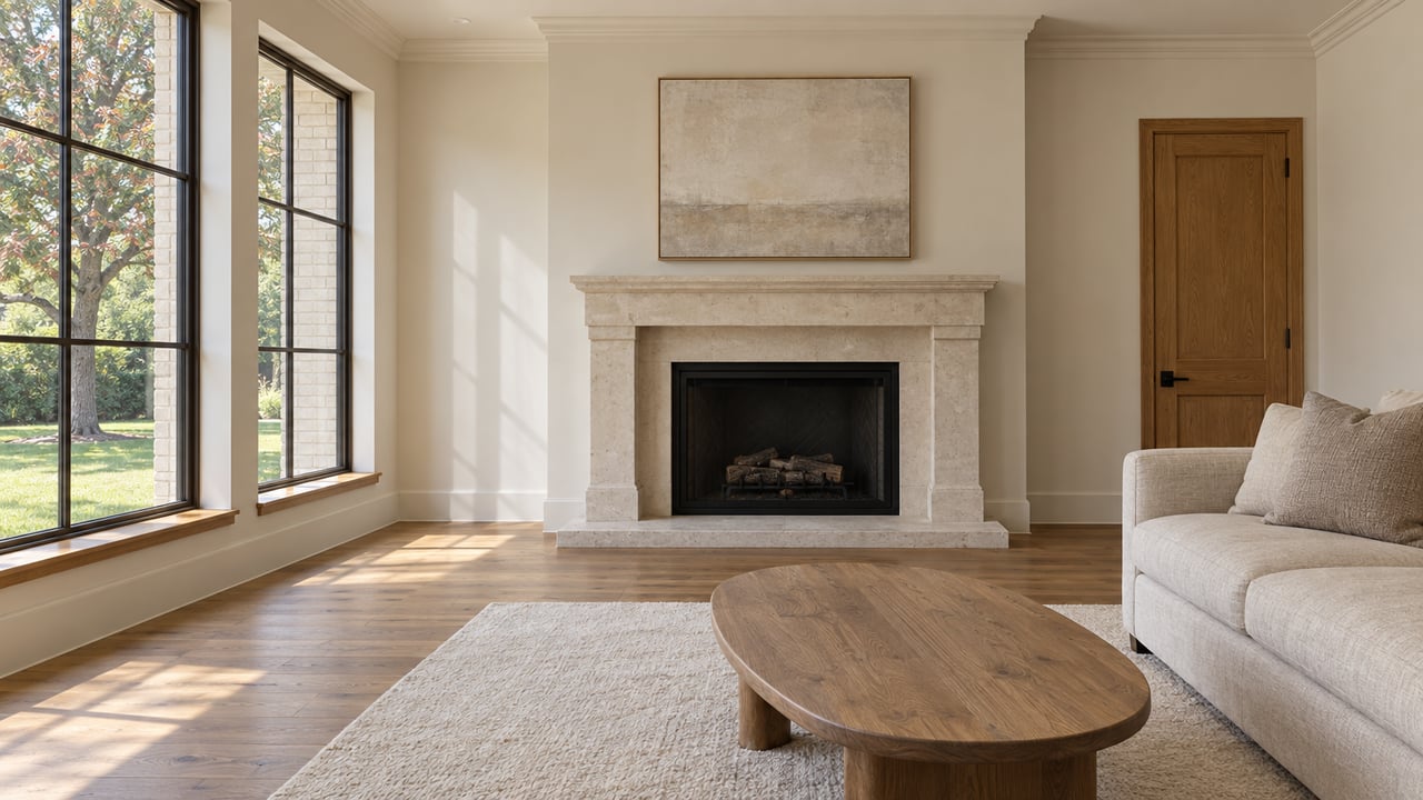 Bright living room with a limestone fireplace, tall bronze-framed windows, oatmeal sofa and oak flooring overlooking a lawn and mature oak.
