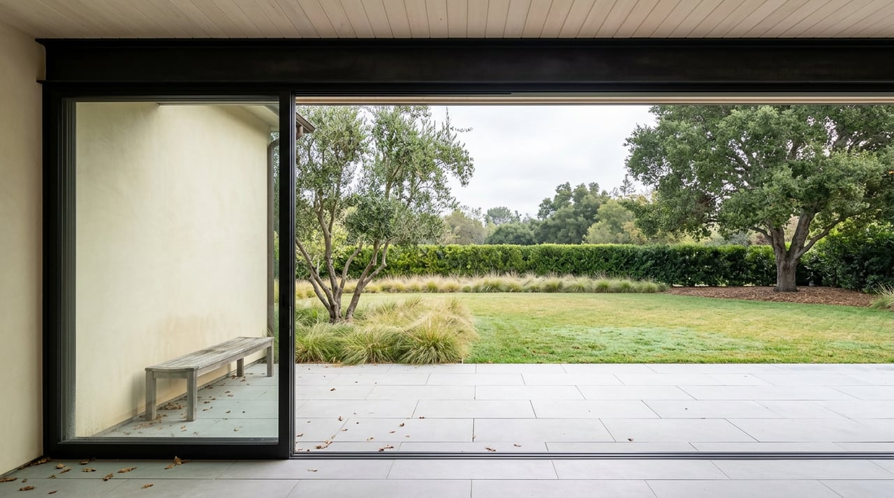 Covered patio with black steel-framed glass doors, a teak bench, and lawn leading to a clipped hedge and oak.