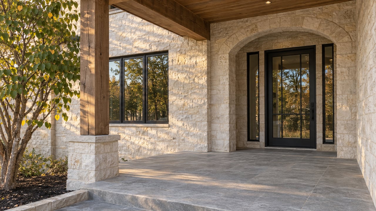 Covered limestone front entry with warm timber beams, black-framed glass doors and a redbud beside the stone porch.