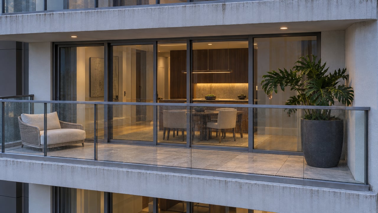 Blue-hour view of a white contemporary condominium balcony with glass balustrade, warm glazed dining room, and a sculptural split-leaf plant.