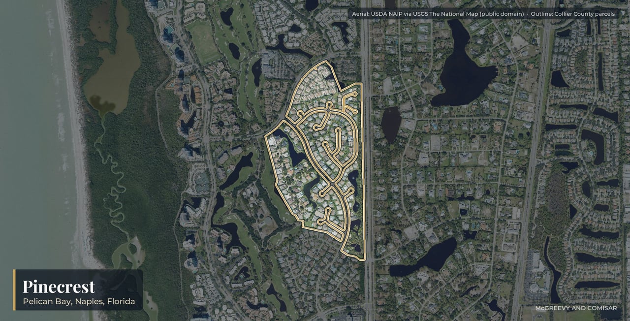 Aerial view of Pinecrest at Pelican Bay, Naples, Florida, with its parcels outlined