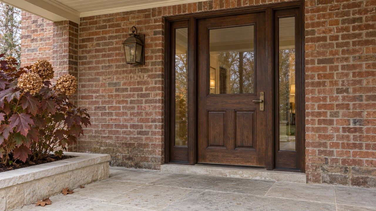 Covered brick entrance with a dark oak door, brass hardware, pale limestone paving and burgundy oakleaf hydrangea.
