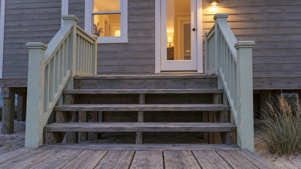 Weathered timber entry steps with pale seafoam handrails lead to a softly illuminated closed doorway at twilight.