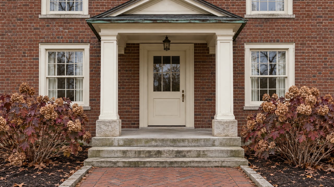 Traditional red-brick home entry with cream columns, limestone steps and late-autumn oakleaf hydrangeas.