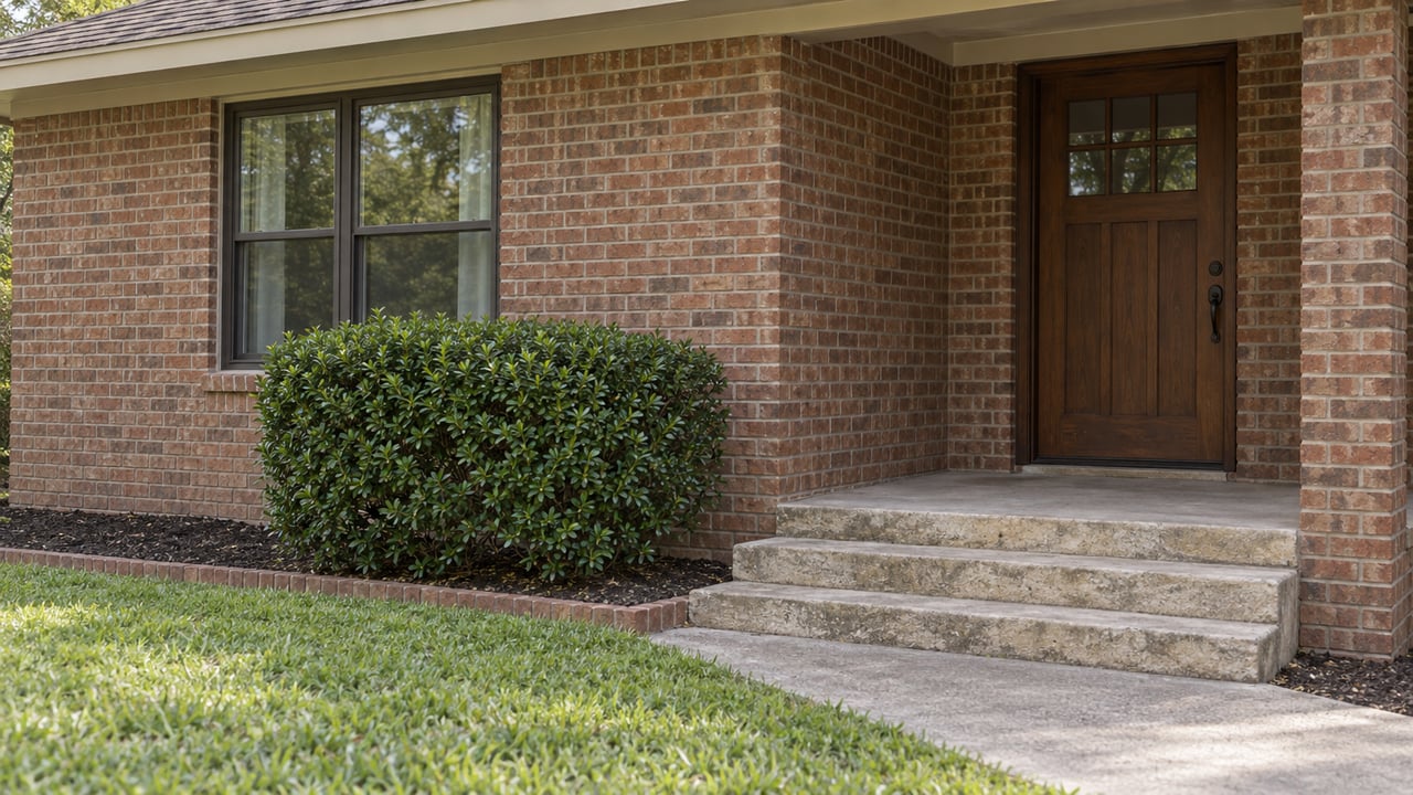 Brick ranch entry with a recessed wood door, double-hung window, limestone steps, and a pruned shrub.