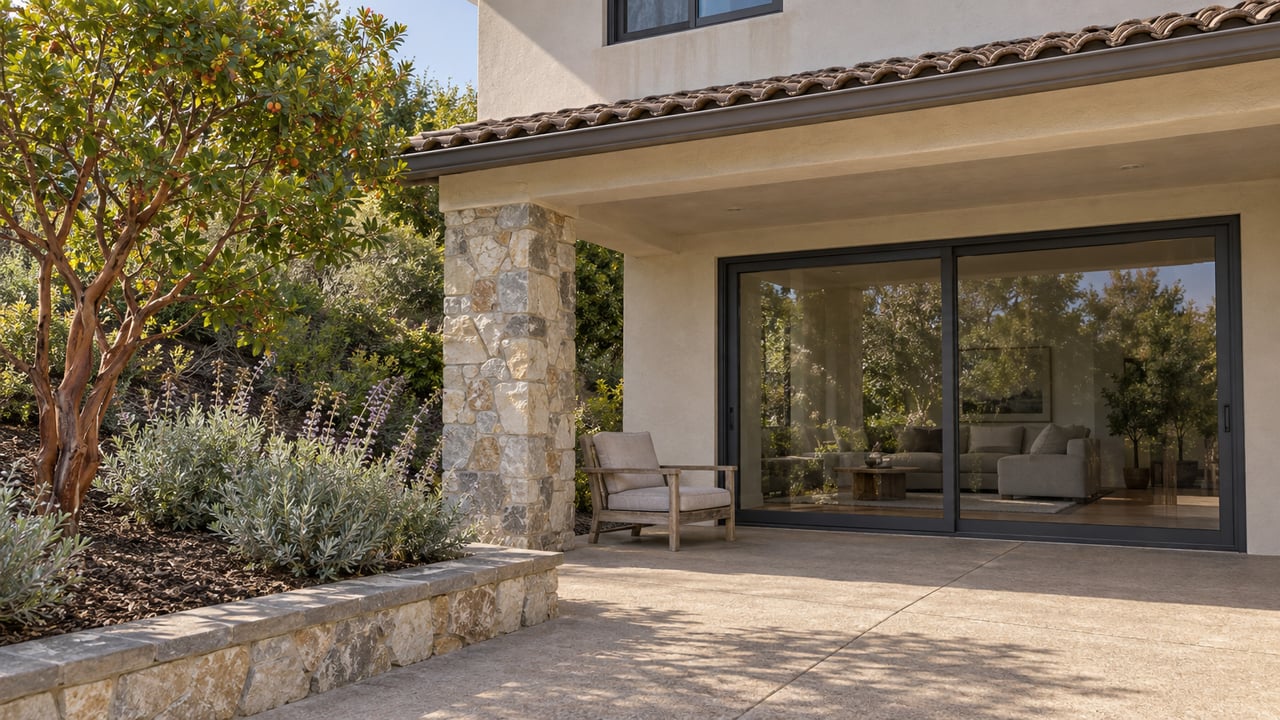 Morning light on a stucco home's covered patio, stone support, closed glass doors and a planted bed edged in stone.