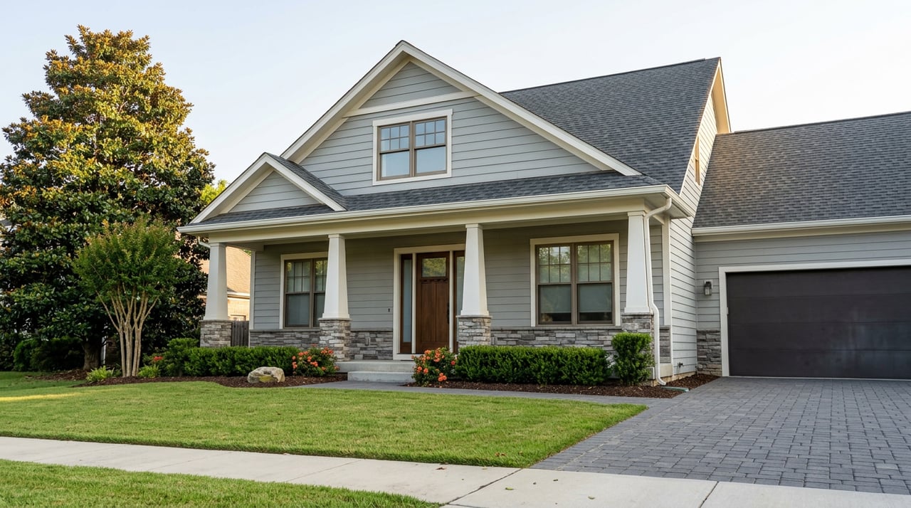 Two-story gray Craftsman house with a stone-front gable, deep white-columned porch, and magnolia tree.