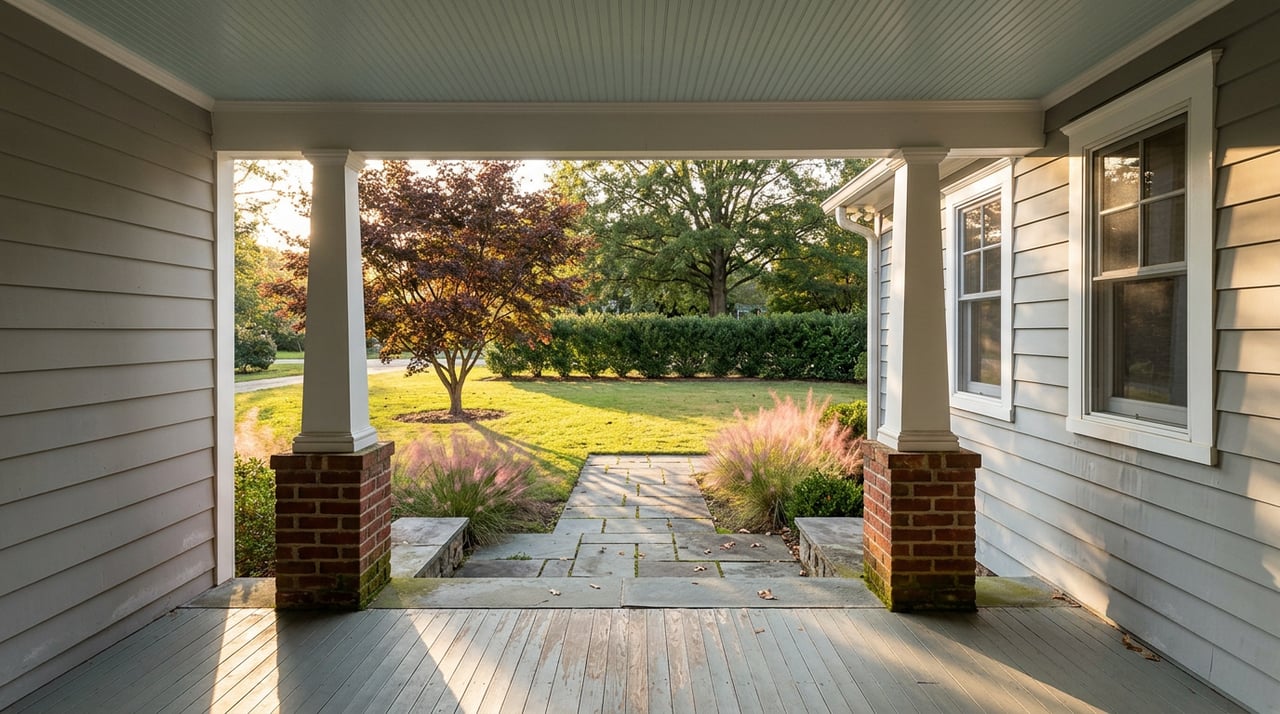 White-columned portico overlooking bluestone steps, a lawn, burgundy Japanese maple, and clipped hedge.
