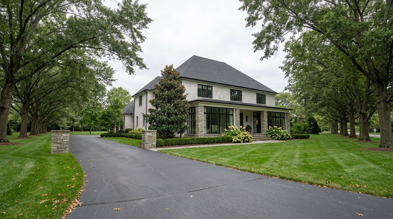 White brick estate at the end of a long driveway, framed by mature trees and broad lawns.