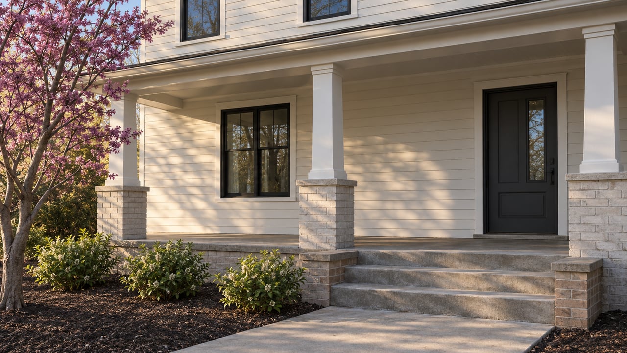 Two-story pale clapboard house with a black-framed window, closed entry door, and concrete porch steps.