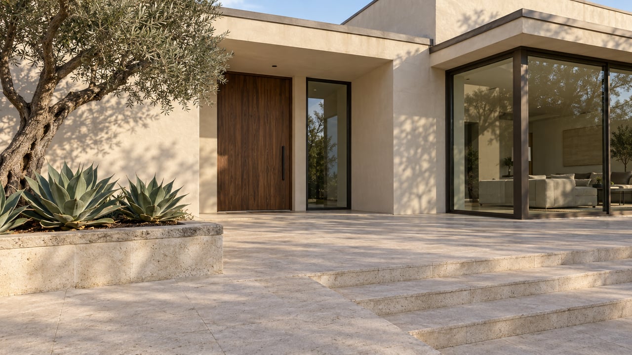 Contemporary cream-stucco home with bronze-framed glass, a sheltered walnut entry and limestone steps beside a sculptural olive tree.
