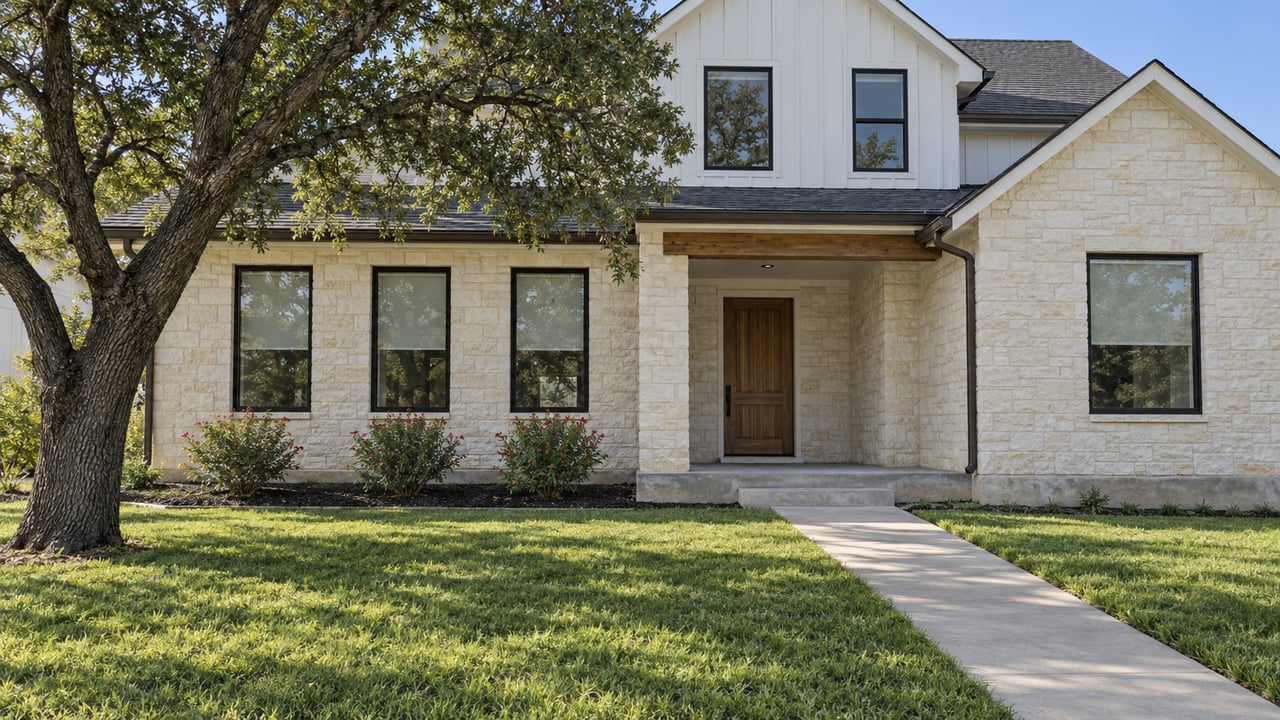 Pale limestone and white board-and-batten home with a shaded entry, deep green front lawn and a mature live oak.