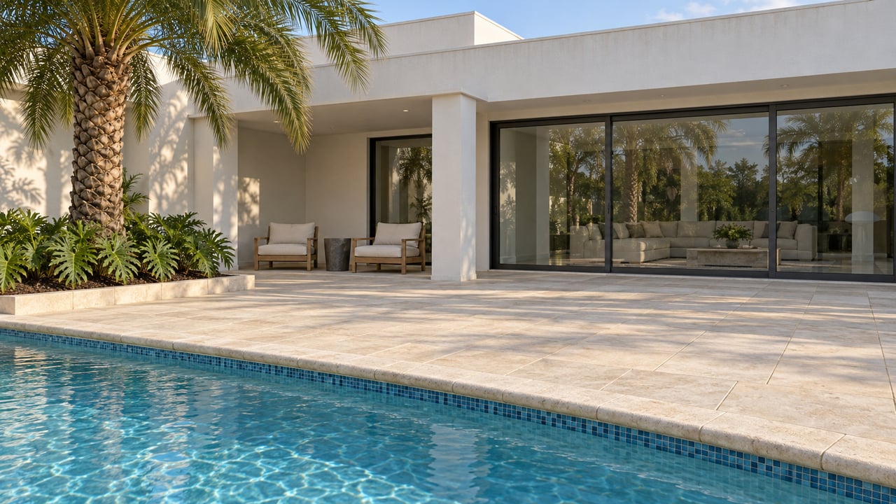 Sunlit white stucco home with closed glass doors, a broad limestone pool terrace, two teak loungers and a sculptural palm.